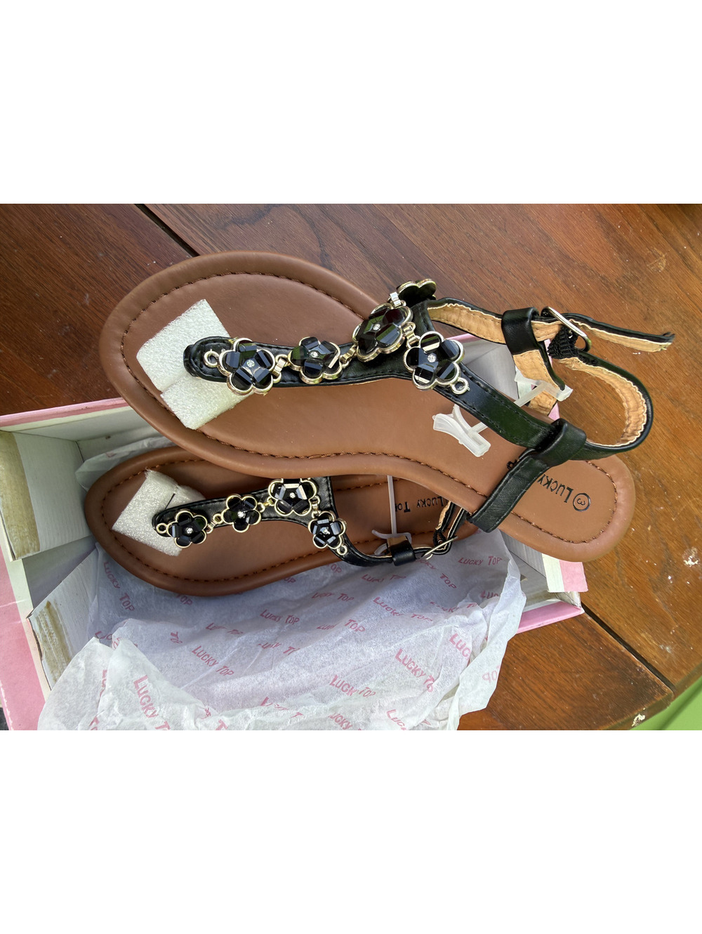 Lucky Girls Black Floral Embellished Flat Sandals Size 3 rubber sole casual